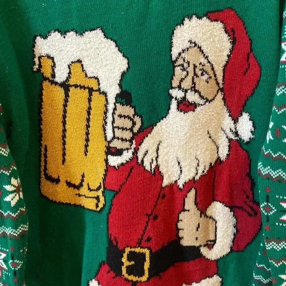 Ugly Christmas sweater, Santa large beer, mug, snowflakes size large - Picture 3 of 7